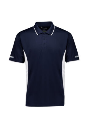 Navy polo shirt with white side panels, white-trim collar, and a three-button placket.