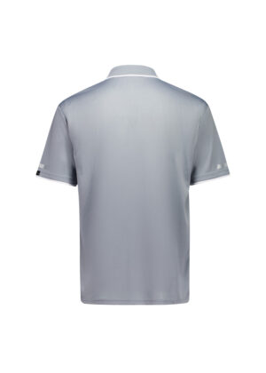 Back view of a light gray polo shirt with white trim on the collar and sleeves.