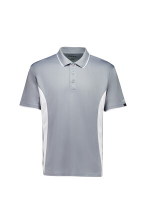 Light gray polo shirt with white side panels, collar, and a three-button placket on a white background.