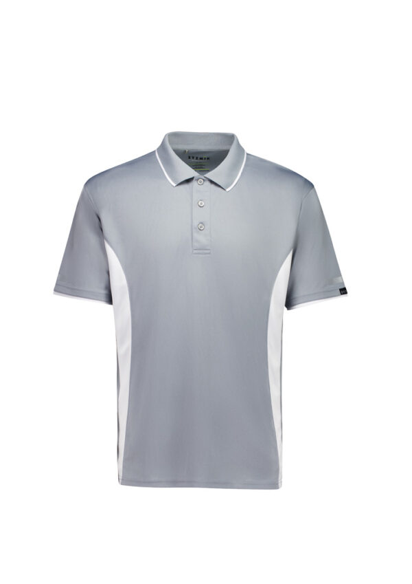 Light gray polo shirt with white side panels, collar, and a three-button placket on a white background.