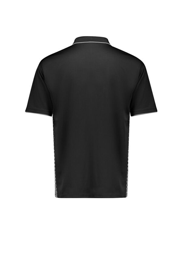 Back view of a black polo shirt with short sleeves and light piping along the collar edge, plain design.