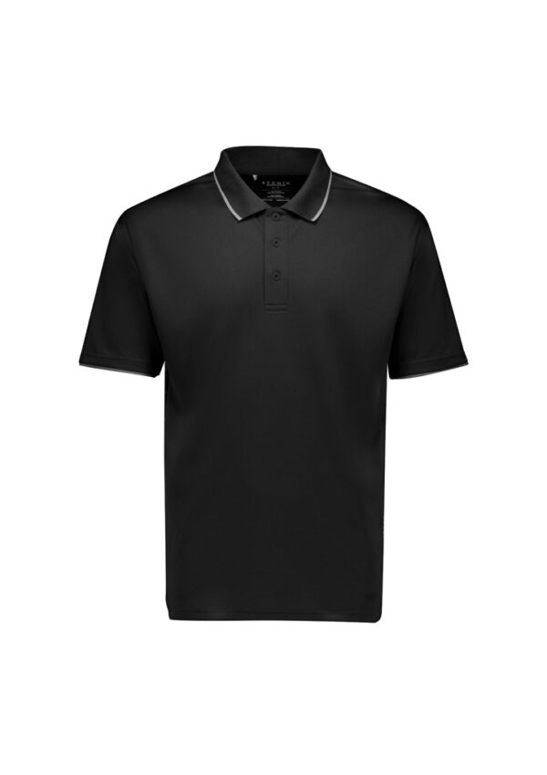 Black polo shirt with short sleeves and light gray collar trim on a white background (product photo).