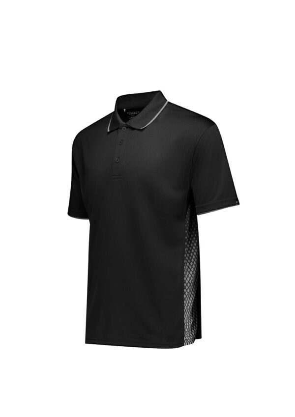 Black polo shirt with subtle gray piping and a mesh side panel for ventilation on the right waist area.