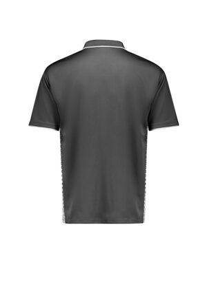 Back view of a dark gray polo shirt with white piping along the collar and side panels