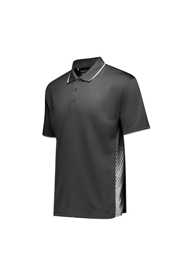 Dark polo shirt with white piping on the collar and a mesh side panel on the right side of the garment.