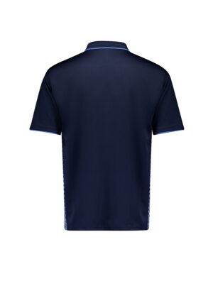 Back view of a navy polo shirt with light blue piping along the collar and sleeves.