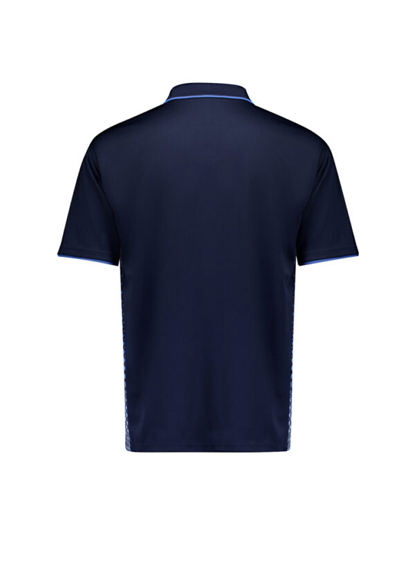 Back view of a navy polo shirt with light blue piping along the collar and sleeves.