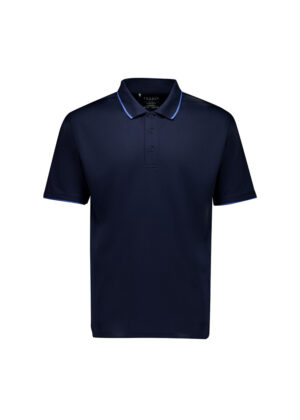 Navy polo shirt with light blue piping on collar and cuffs, front view