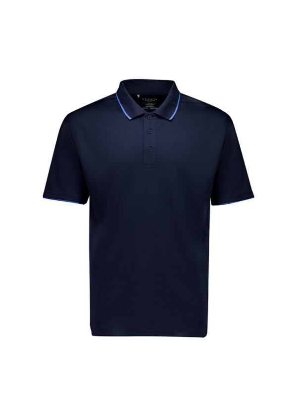 Navy polo shirt with light blue piping on collar and cuffs, front view