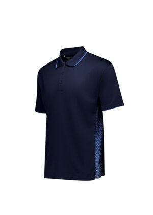 Navy polo shirt with blue piping on the collar and sleeves, plus a blue side mesh panel for breathability.