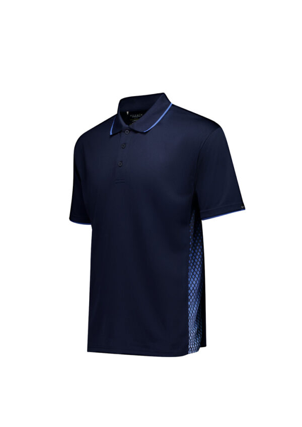 Navy polo shirt with blue piping on the collar and sleeves, plus a blue side mesh panel for breathability.