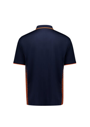 Back view of a navy polo shirt with orange piping along the collar and sleeve hems and orange side panels.