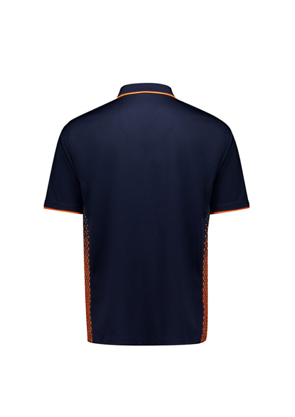 Back view of a navy polo shirt with orange piping along the collar and sleeve hems and orange side panels.