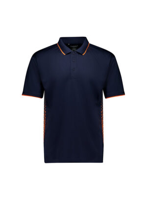 Navy polo shirt with orange trim on the collar and sleeves, front view.