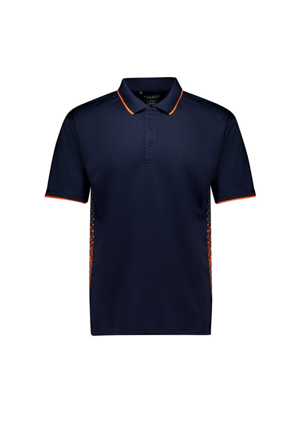 Navy polo shirt with orange trim on the collar and sleeves, front view.