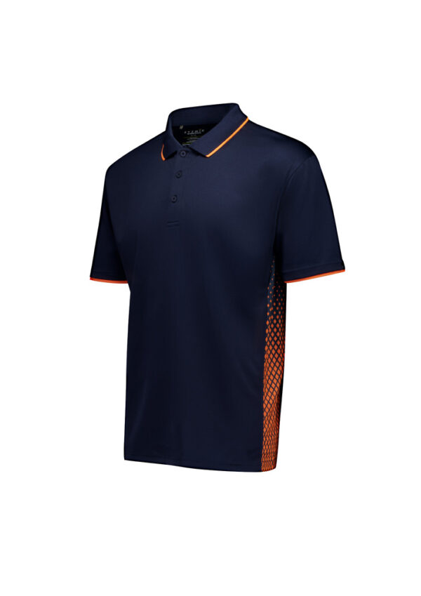Navy polo shirt with orange trim on the collar and cuffs, plus an orange mesh side panel on the right.