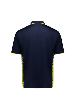 Back view of a navy polo shirt with yellow piping at the collar and sleeve ends, and neon yellow side panels.