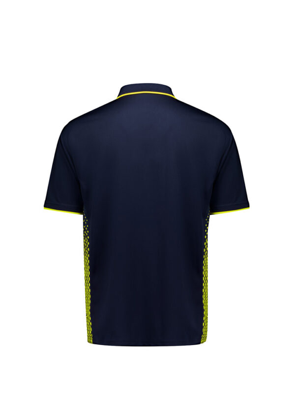 Back view of a navy polo shirt with yellow piping at the collar and sleeve ends, and neon yellow side panels.