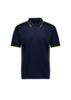 Navy polo shirt with yellow piping on the collar and sleeve cuffs, breathable side panels on the sides.