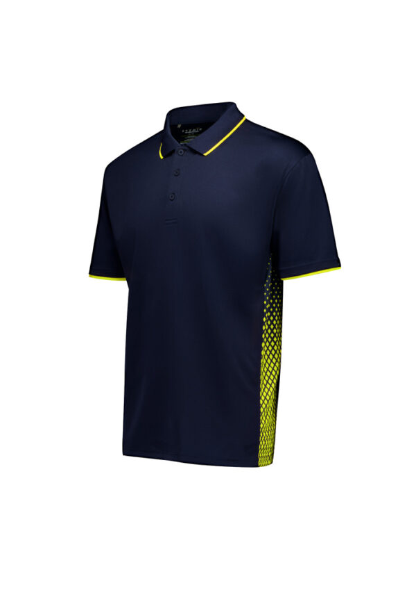 Navy polo shirt with yellow trim on the collar and sleeve cuffs, featuring a neon yellow mesh panel along the side.