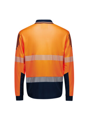 Back view of an orange high-visibility safety jacket with navy lower section and reflective stripes around the torso and sleeves.