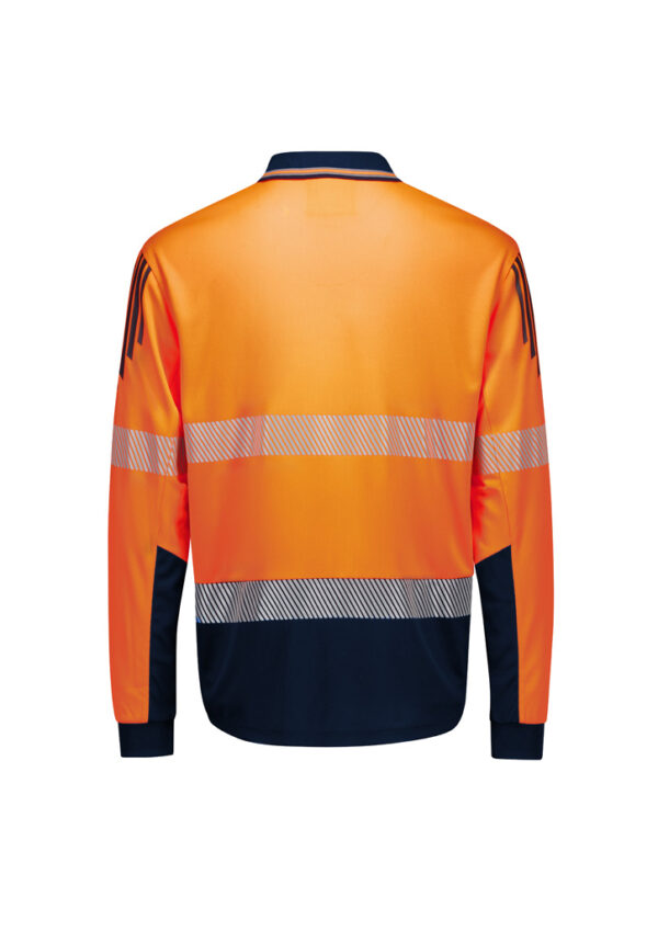 Back view of an orange high-visibility safety jacket with navy lower section and reflective stripes around the torso and sleeves.
