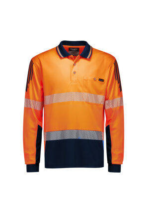 High-visibility orange polo shirt with navy collar and reflective stripes across the chest and sleeves, plus a chest pocket.