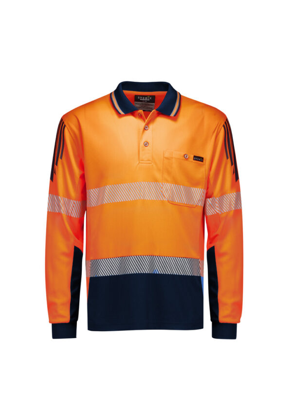 High-visibility orange polo shirt with navy collar and reflective stripes across the chest and sleeves, plus a chest pocket.