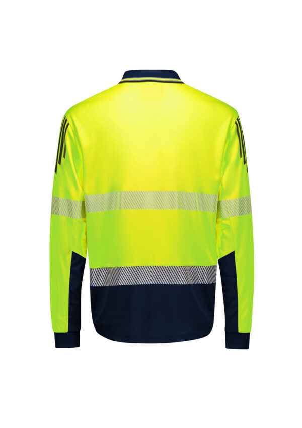 Back view of a neon yellow high-visibility safety jacket with reflective bands and a navy lower hem and cuffs.