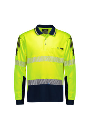 High-visibility neon yellow polo shirt with navy accents and reflective stripes across chest and sleeves.