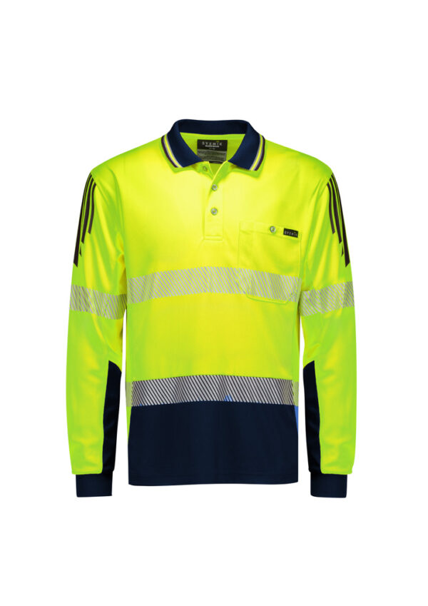 High-visibility neon yellow polo shirt with navy accents and reflective stripes across chest and sleeves.