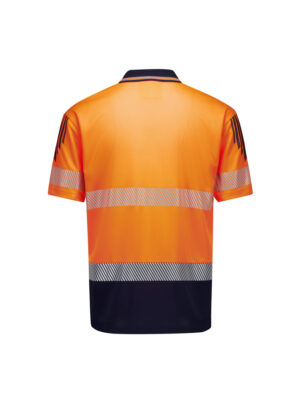 Back view of a high-visibility orange safety polo with reflective white stripes and a dark navy lower panel, shown from behind.