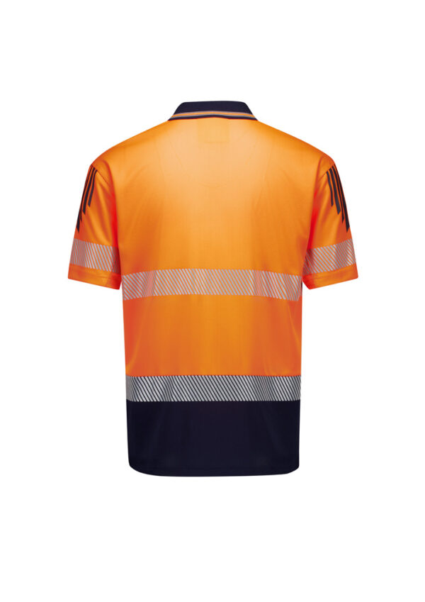 Back view of a high-visibility orange safety polo with reflective white stripes and a dark navy lower panel, shown from behind.