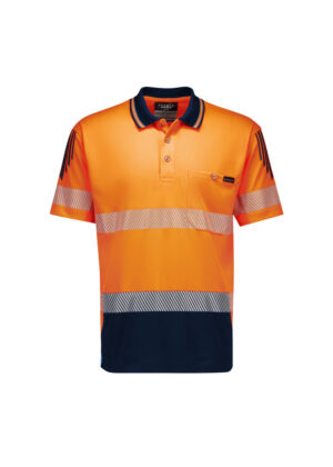 Hi-visibility orange polo with navy collar and reflective stripes across chest and sleeves, navy bottom band and left chest pocket.