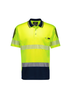 High-visibility neon polo shirt with navy collar, chest pocket, and reflective stripes for safety workwear