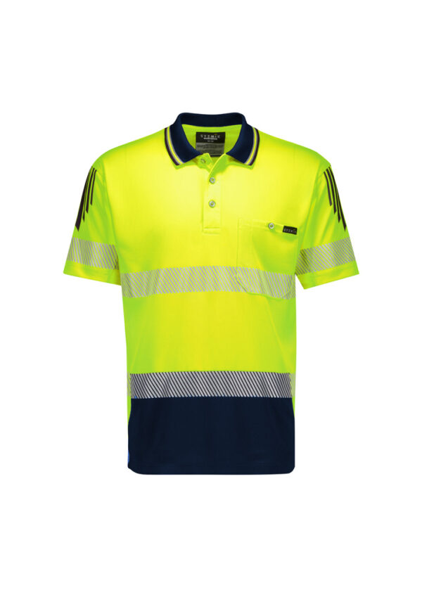 High-visibility neon polo shirt with navy collar, chest pocket, and reflective stripes for safety workwear
