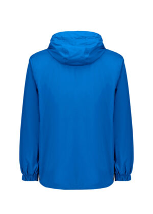 Back view of a bright blue hooded rain jacket with elastic cuffs on the sleeves.