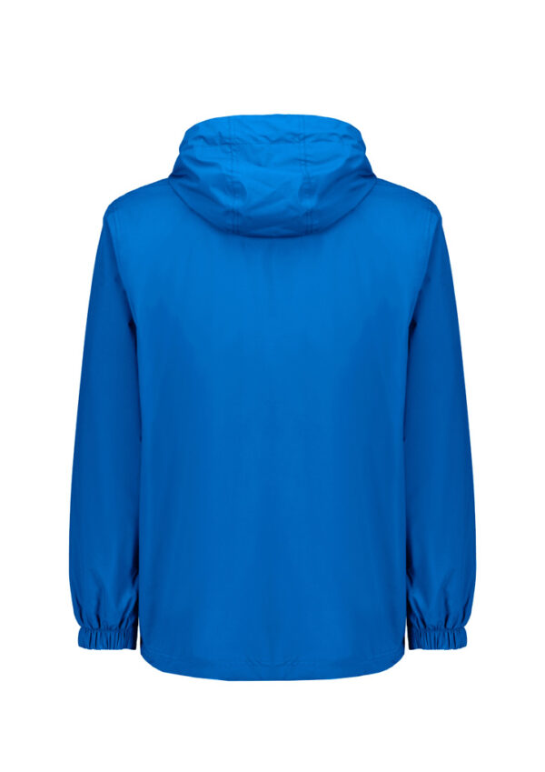 Back view of a bright blue hooded rain jacket with elastic cuffs on the sleeves.