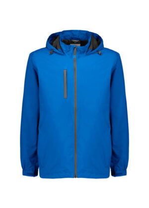 Blue hooded rain jacket with full front zipper and gray zipper trim.