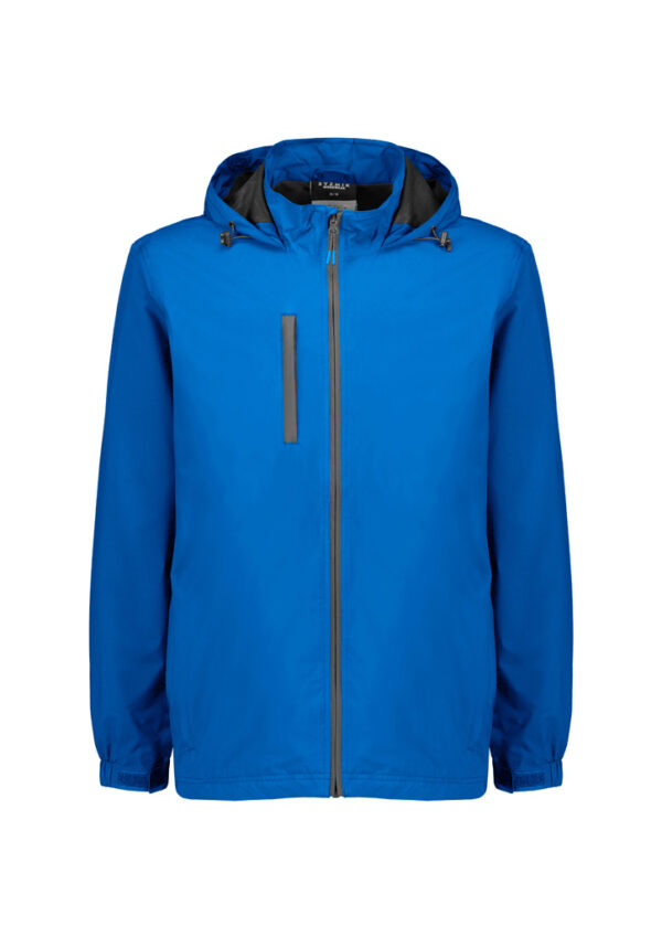 Blue hooded rain jacket with full front zipper and gray zipper trim.