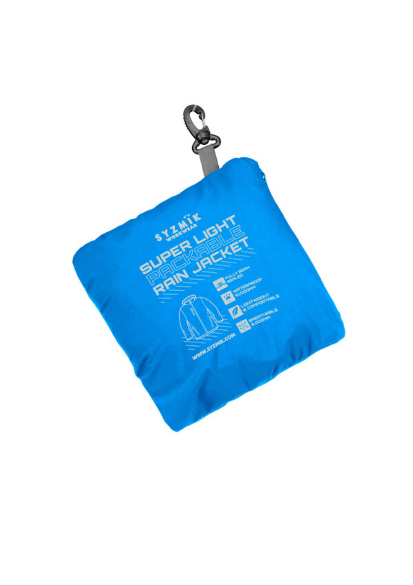 Blue packable rain jacket stored in a compact pouch with a carabiner clip for easy attachment to gear, brand text visible on the pouch