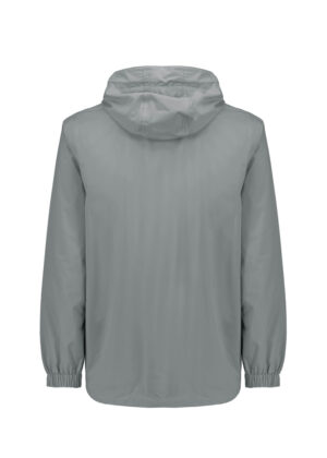 Light gray hooded rain jacket shown from the back, with elastic cuffs and curved hem.
