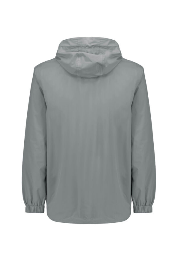 Light gray hooded rain jacket shown from the back, with elastic cuffs and curved hem.