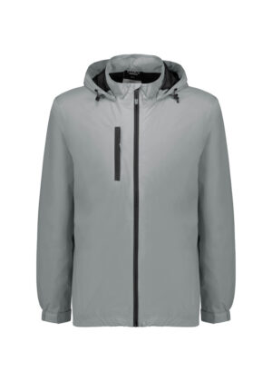 Light gray hooded windbreaker jacket with full front zipper and a vertical chest pocket.