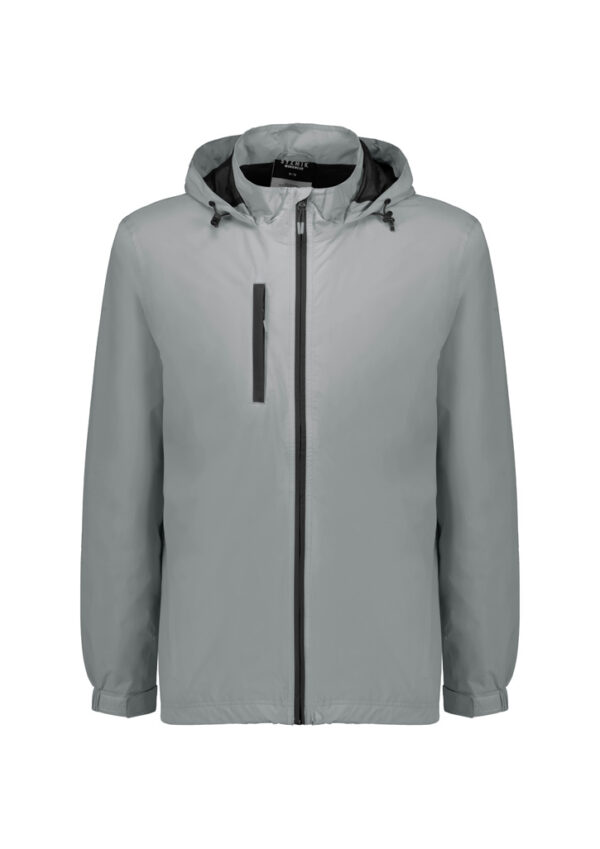 Light gray hooded windbreaker jacket with full front zipper and a vertical chest pocket.