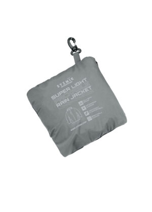 Gray packable rain jacket stored in a small pouch with an attached carabiner clip for easy carrying