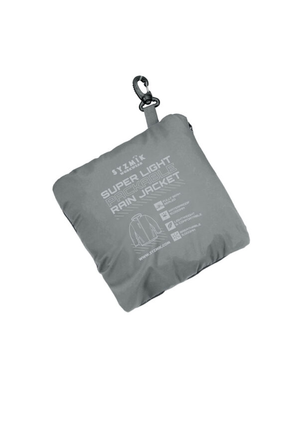 Gray packable rain jacket stored in a small pouch with an attached carabiner clip for easy carrying