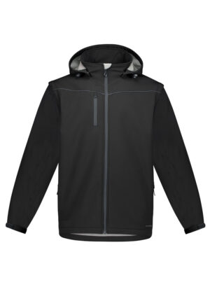 Black hooded jacket with front zipper and gray piping, shown from the front.