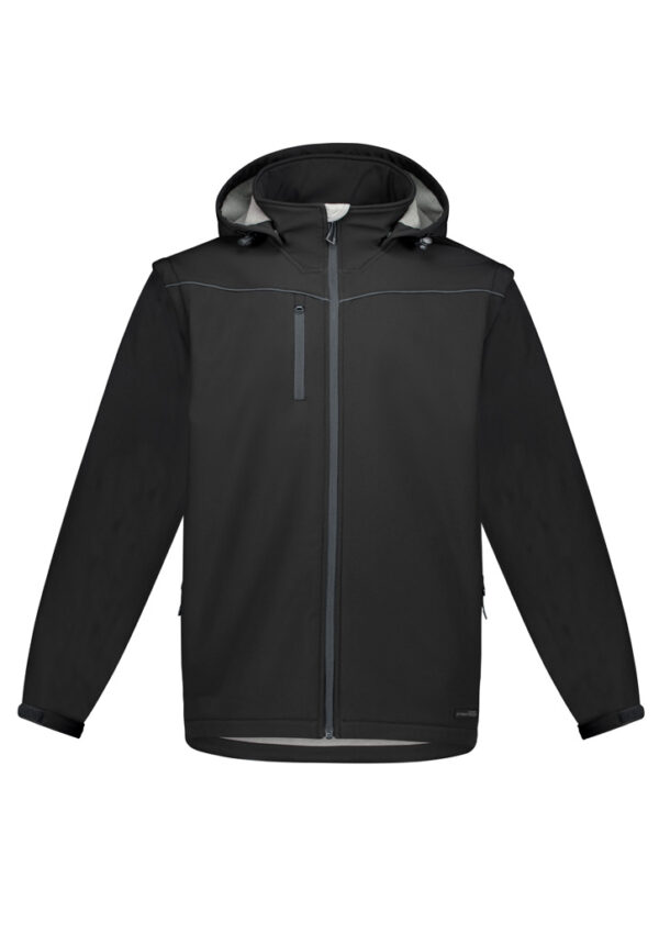 Black hooded jacket with front zipper and gray piping, shown from the front.