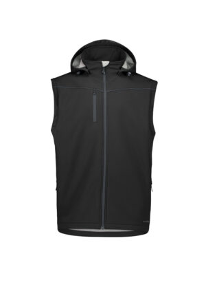 Black sleeveless hooded softshell vest with front zipper and chest pocket.